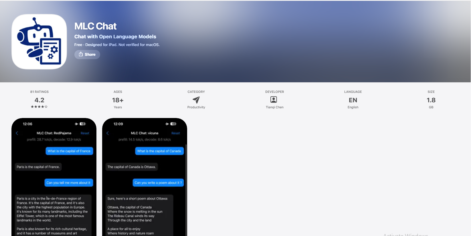 AI chatbot app for Android offline - MLC Chat speed benchmark 12 tokens per second Samsung Galaxy S24