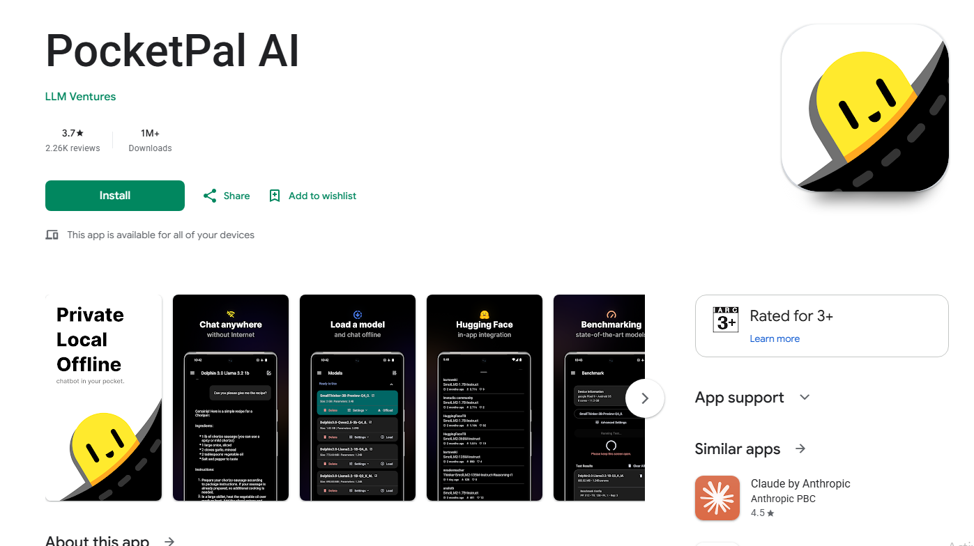 best AI chatbot app for Android offline - PocketPal AI running Phi-3 Mini on Samsung Galaxy A54 in airplane mode