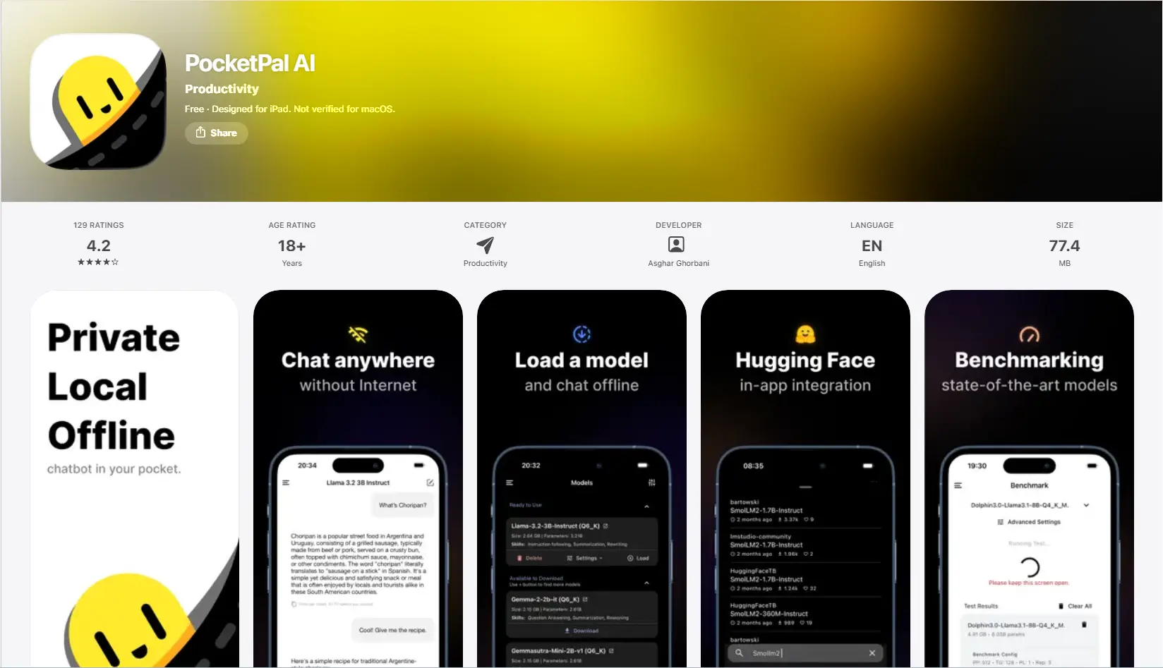 AI chatbot app for iPhone offline PocketPal AI benchmark test
