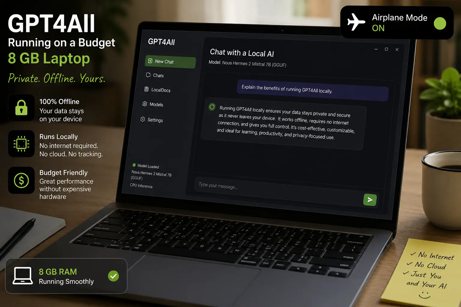 AI tools that work in rural areas offline free — GPT4All running on a budget 8 GB laptop with airplane mode active