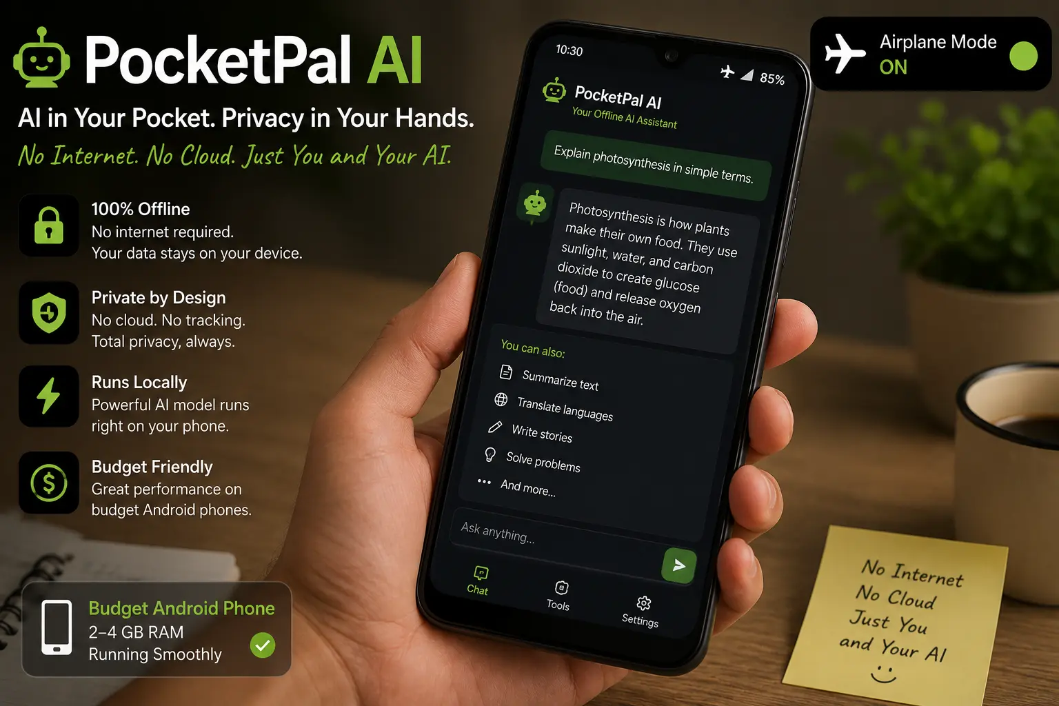 AI tools that work in rural areas offline free — PocketPal AI running on a budget Android phone with airplane mode active