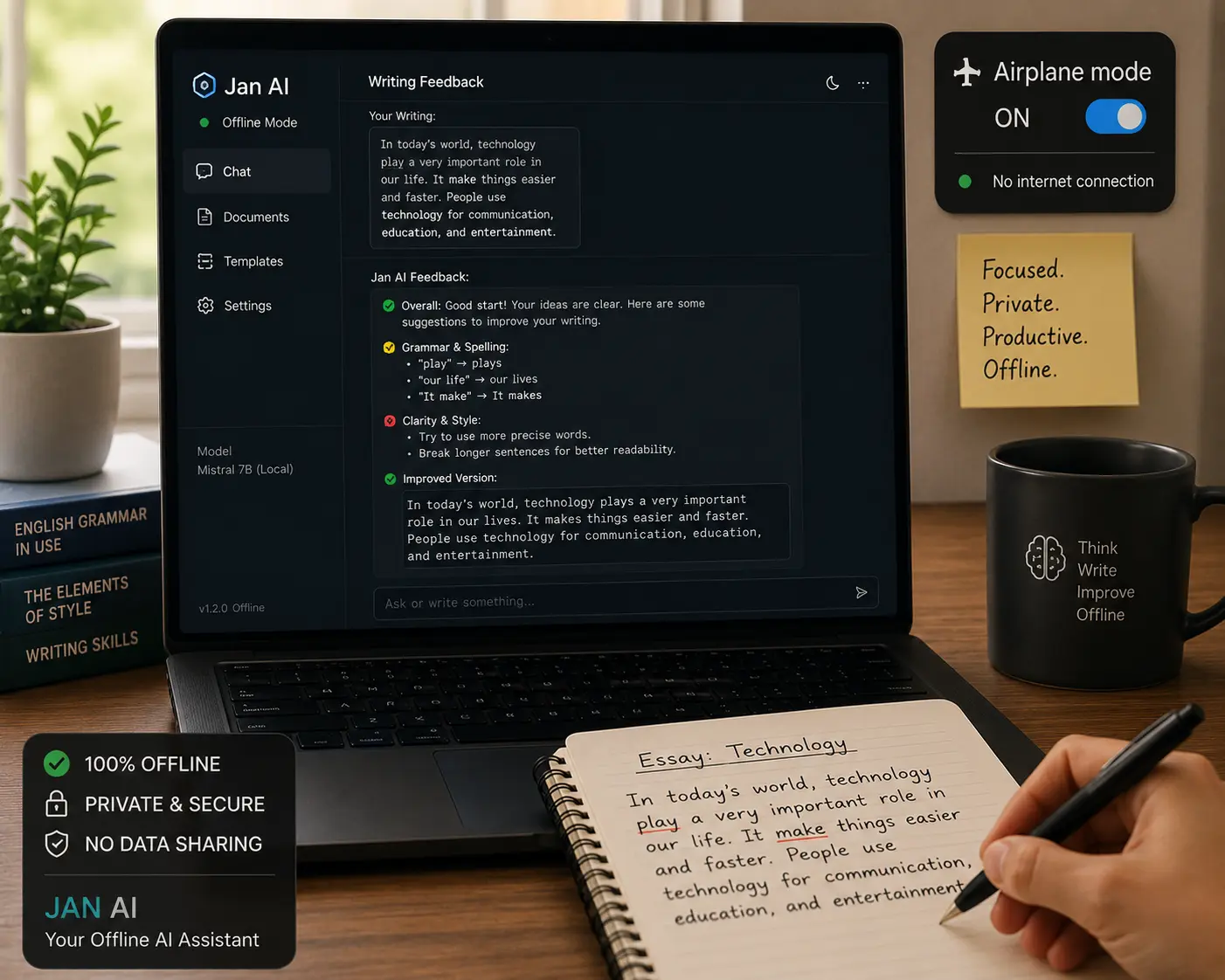 free AI for homeschooling offline no account, Jan AI giving writing feedback offline with airplane mode active