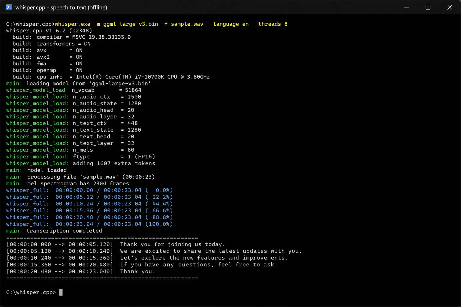 offline AI speech to text free Windows Mac whisper.cpp terminal output