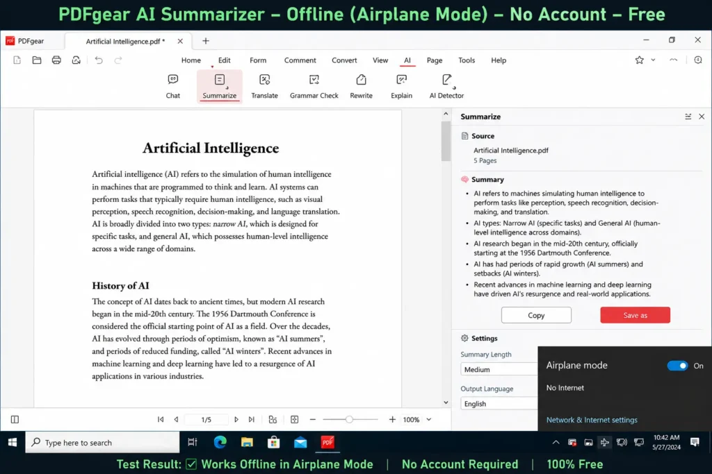 offline AI summariser PDF free no account