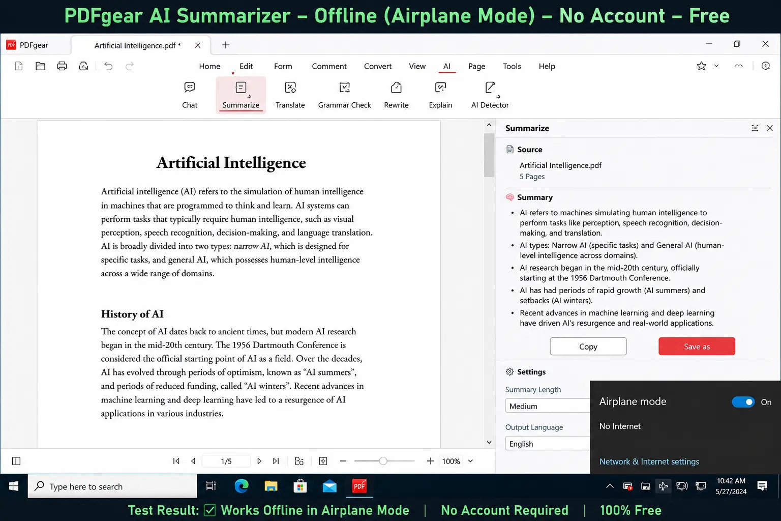 offline AI summariser PDF free no account PDFgear airplane mode test