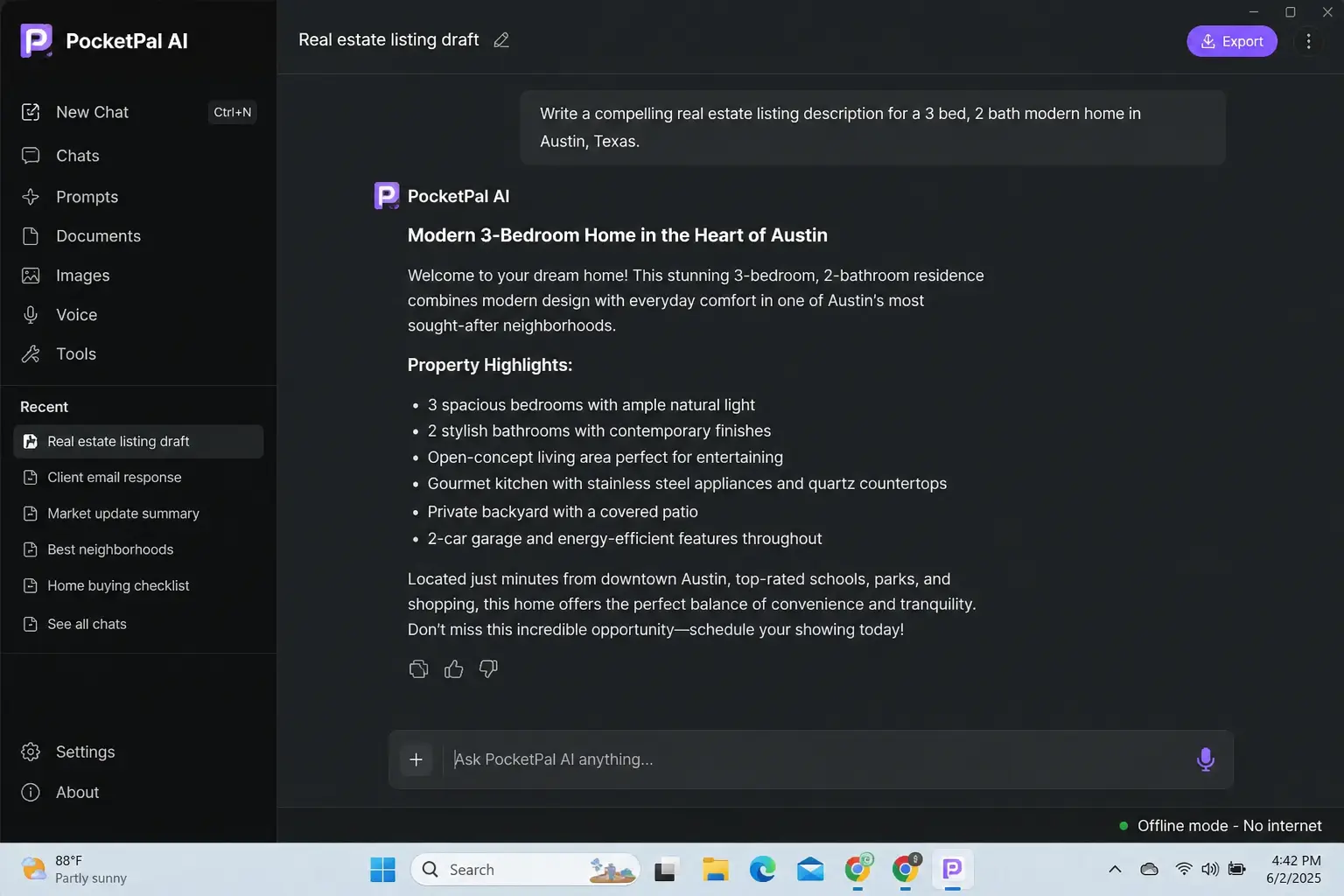 offline AI tool for real estate agents PocketPal AI listing draft no internet