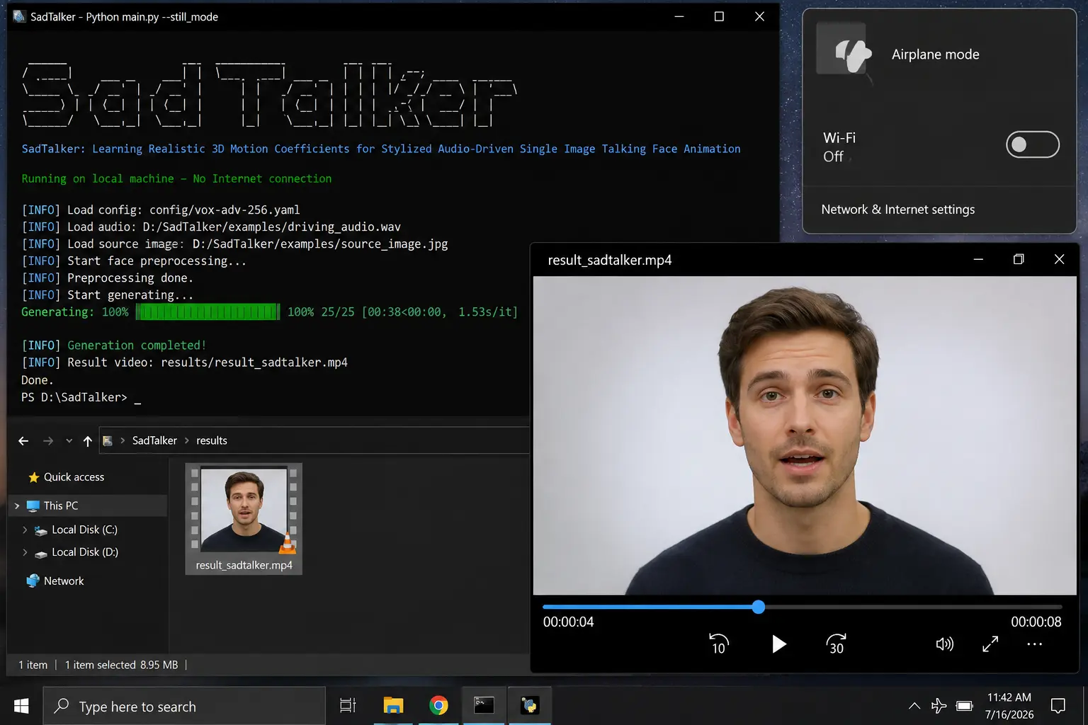 offline AI avatar video generator free SadTalker output test 2026