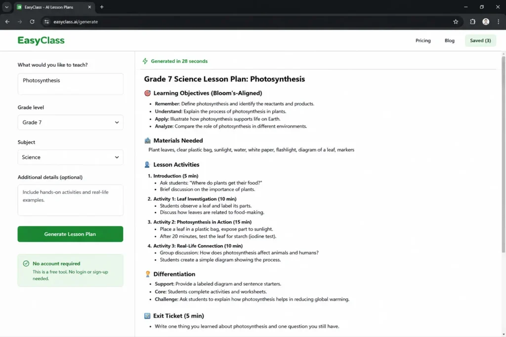AI tool that writes lesson plans free no login 2026