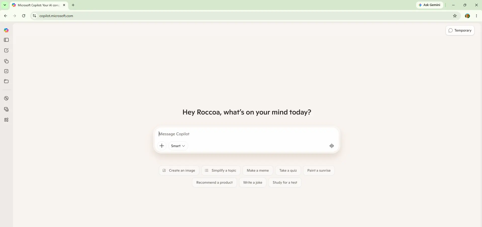 free AI tools that don't require account 2026 — Microsoft Copilot chat interface open in desktop browser with no sign-in prompt