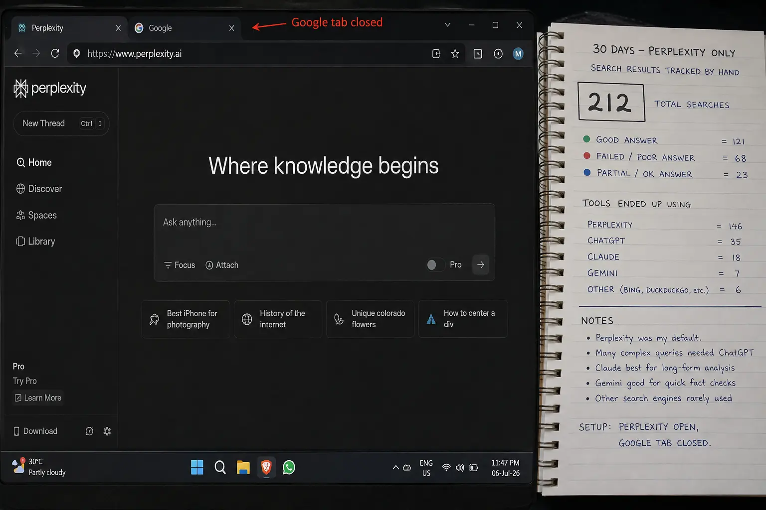 replaced Google with free AI 30 days — Perplexity AI search results showing cited sources alongside Google search tab closed in background July 2026