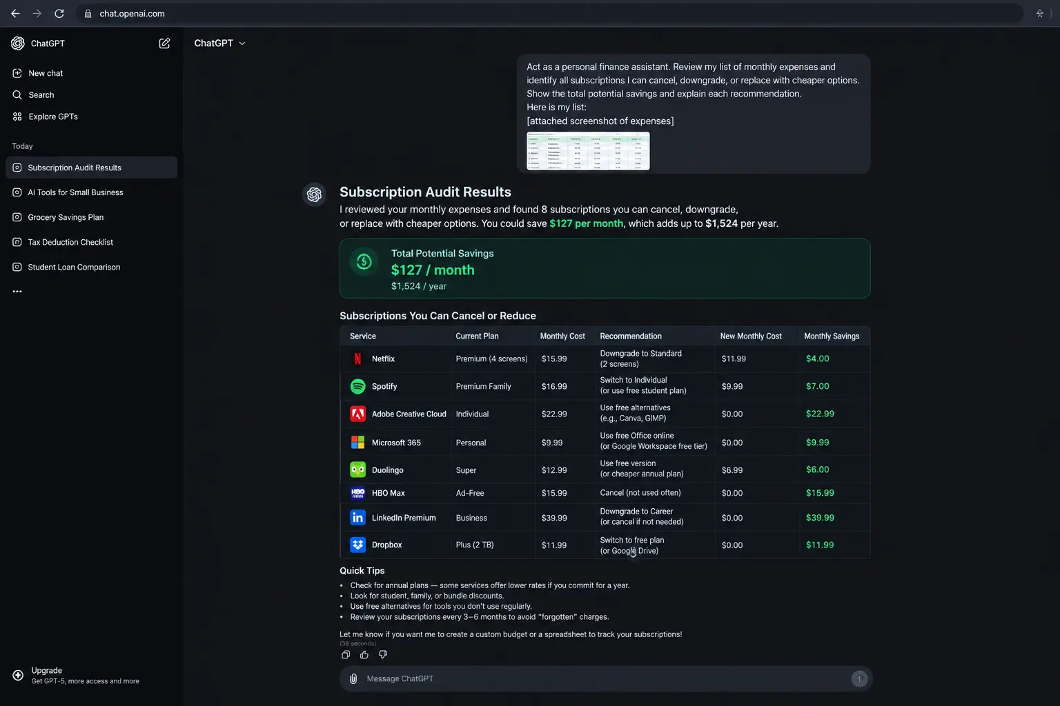 ChatGPT prompts to save money every month 2026 — ChatGPT free showing subscription audit output identifying $127 per month in cancellable recurring costs for a USA household with itemised list of services to cancel