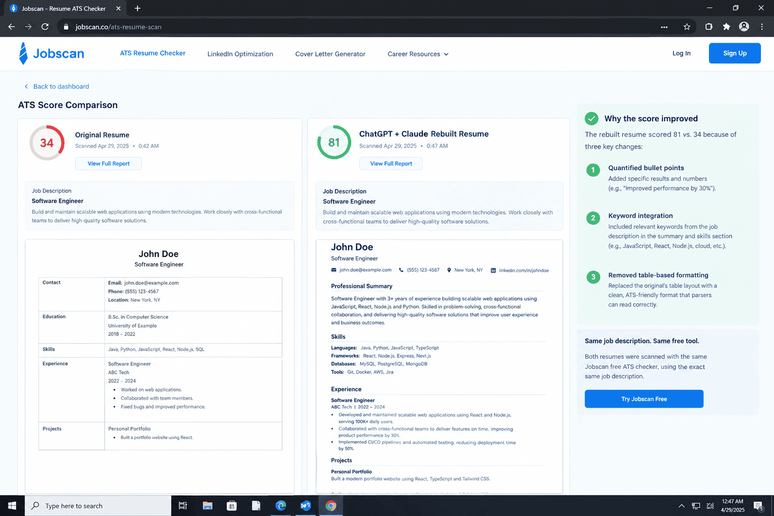 free AI resume builder no account USA 2026 ATS score comparison showing Jobscan score increase from 34 to 81 after ChatGPT and Claude free resume rebuild for marketing coordinator USA no subscription no paid tools