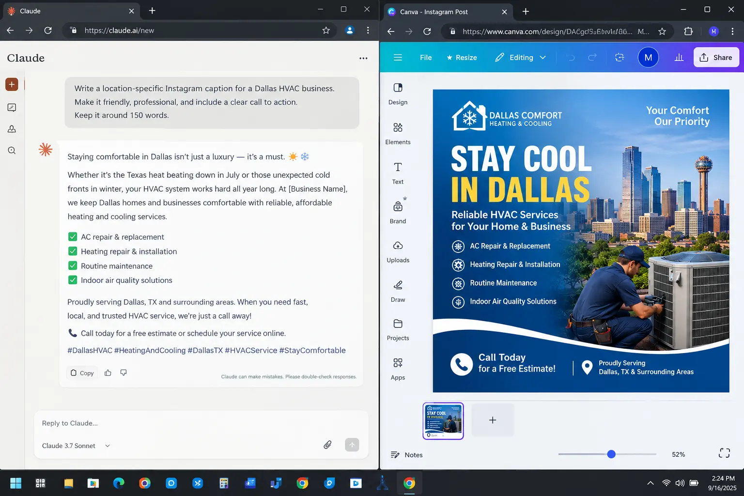 free AI tools for small business marketing USA 2026 — Claude free showing Instagram caption for HVAC small business in Dallas Texas alongside Canva free showing social media graphic template with no paid subscription
