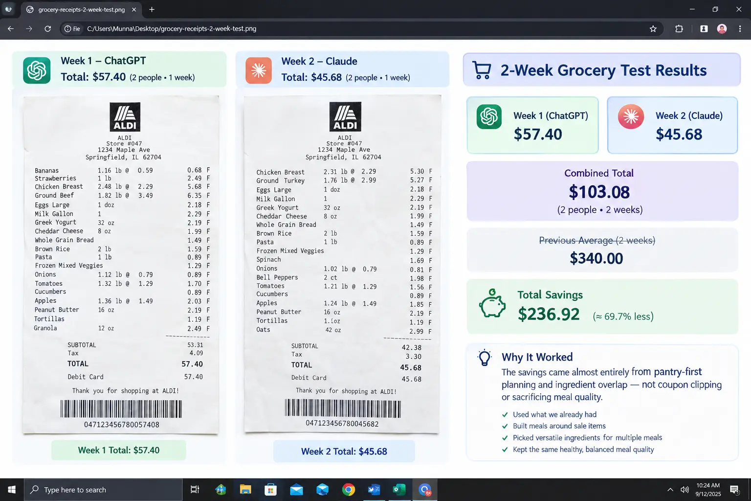 save money on groceries using AI free 2026 — two Aldi receipts side by side showing Week 1 ChatGPT plan at $57.40 and Week 2 Claude plan at $45.68 against previous two-week average of $340
