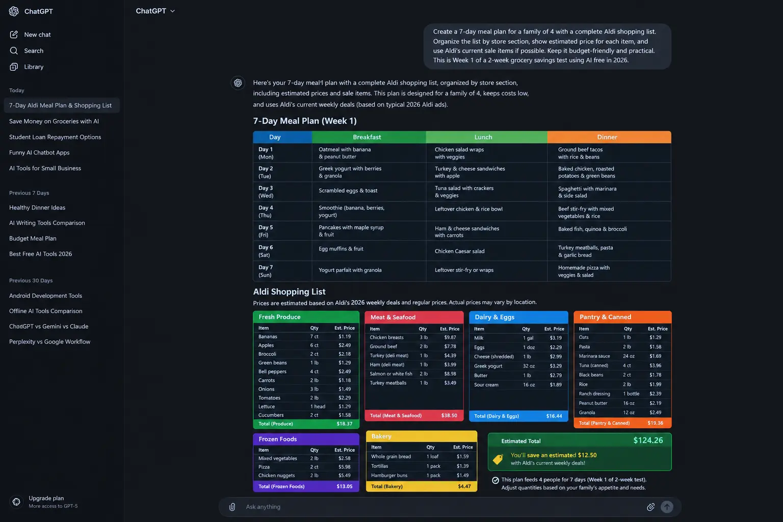 how to save money on groceries using AI free 2026 — ChatGPT free showing 7-day meal plan with Aldi shopping list organized by store section with estimated prices for USA household of two adults