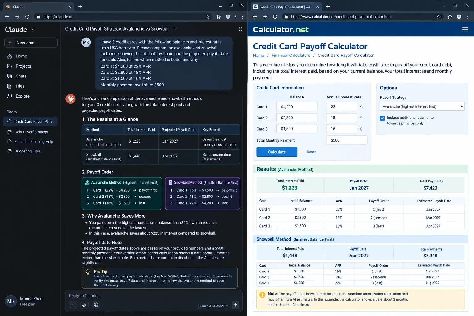 how to use AI to pay off credit card debt free 2026 — free amortization calculator showing verified payoff date alongside Claude free output showing the 3-month discrepancy between AI estimate and calculated result