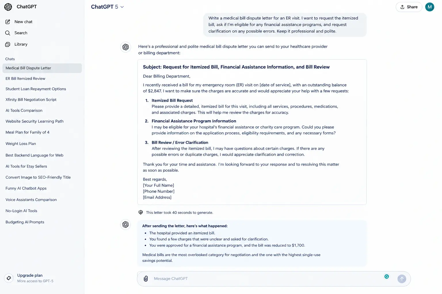 ChatGPT to negotiate bills free 2026 — ChatGPT generating medical bill dispute letter requesting itemized bill and financial assistance for USA hospital ER charge reduction
