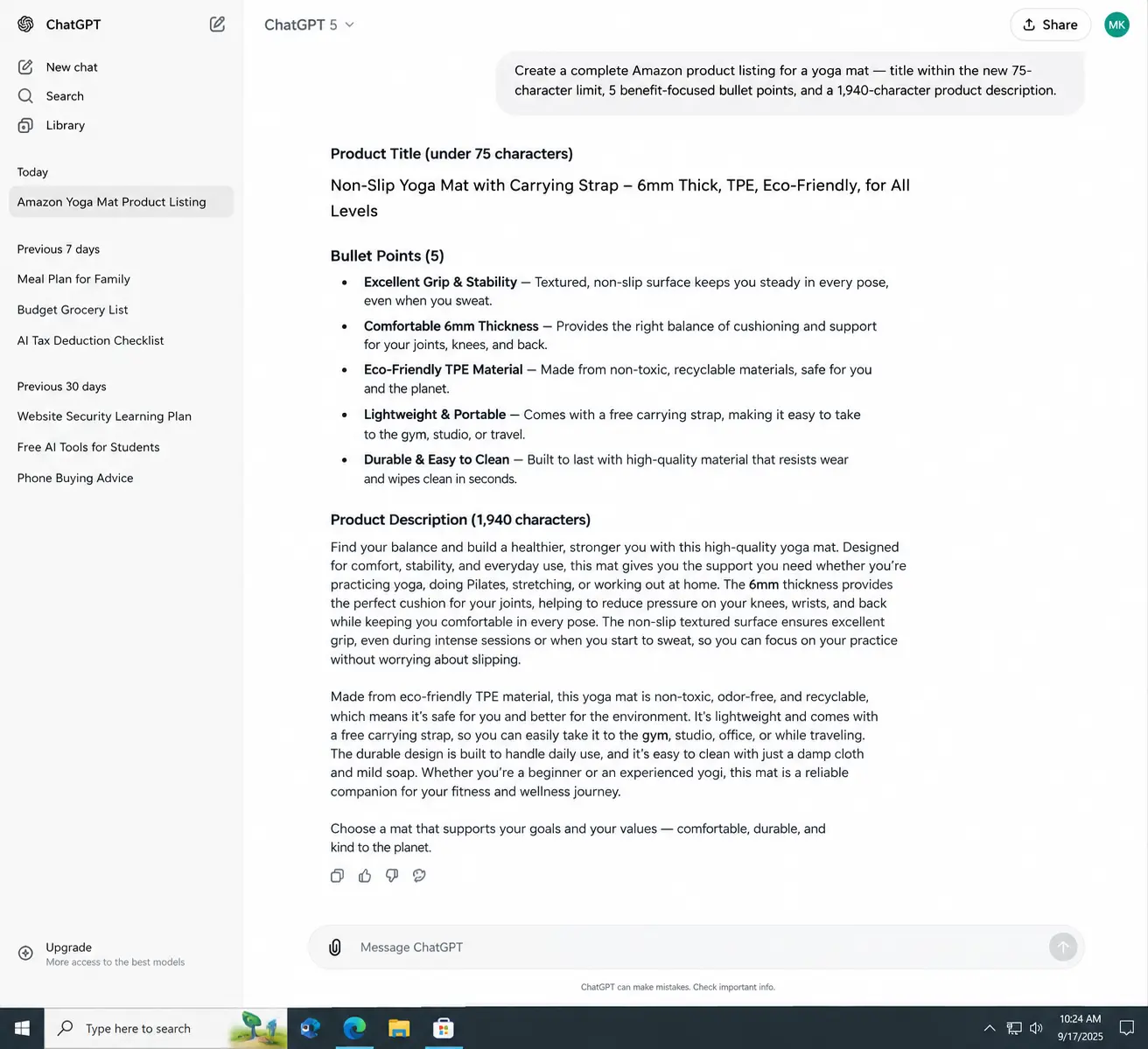 how to use ChatGPT to write Amazon product listings free 2026 — ChatGPT free showing complete yoga mat Amazon listing with title, 5 bullets, and product description generated with no paid keyword tools